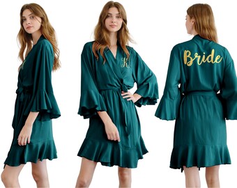 Evergreen Ruffle robe, Green Bridesmaid Ruffle robe sets, Summer Bridesmaid Robe, Robe sets for Bridesmaid Robe Set, Ruffle Lace Robe Set