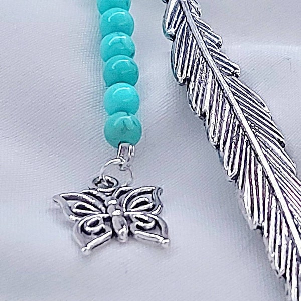 Tibetan Silver Feather Bookmark with Turquoise Crystal Beads.  Butterfly Charm.