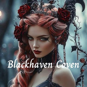 Pode incluir: Ilustração digital de uma mulher com cabelo ruivo e maquiagem escura, vestindo um vestido preto e uma coroa com chifres adornada com rosas vermelhas. O texto "Blackhaven Coven" é exibido em branco.