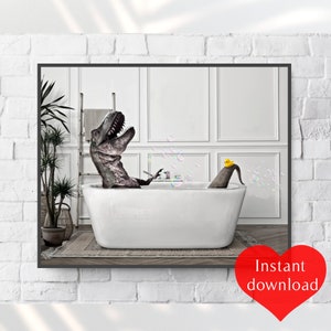 Happy T-Rex Taking a Bath - Quirky Bathroom Wall Art | Printable Dinosaur Gift | Playroom Decor | Quirky Home Decor | Dinosaur Art