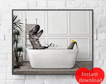 Happy T-Rex Taking a Bath - Quirky Bathroom Wall Art | Printable Dinosaur Gift | Playroom Decor | Quirky Home Decor | Dinosaur Art