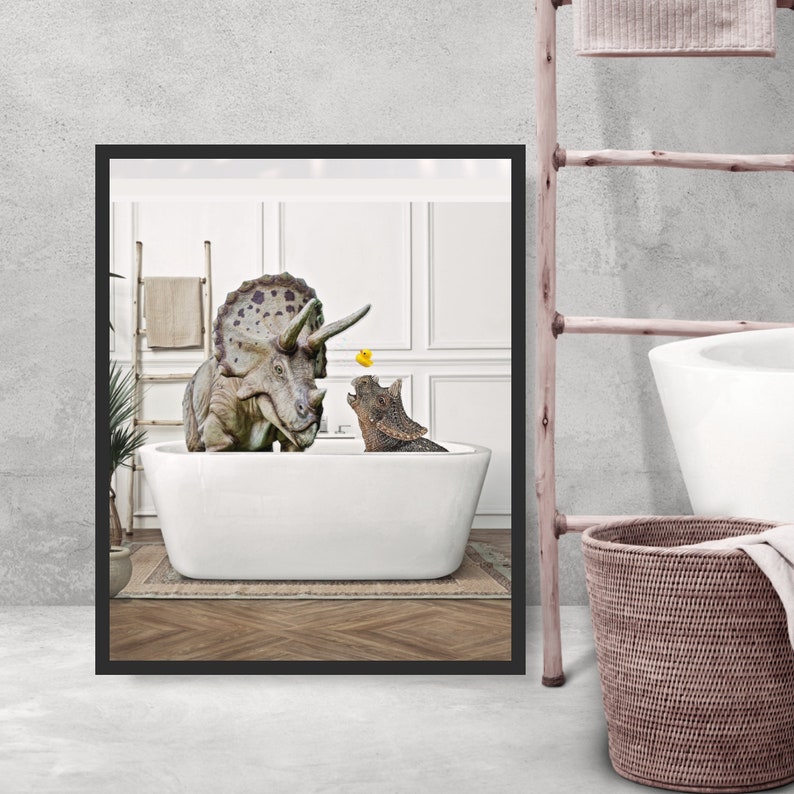 Dinosaur in Bathtub Poster Printable Quirky Gift Dinosaur Kids Bathroom