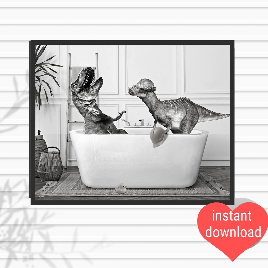 Dinosaurs in Bathtub in Black & White Printable Etsy