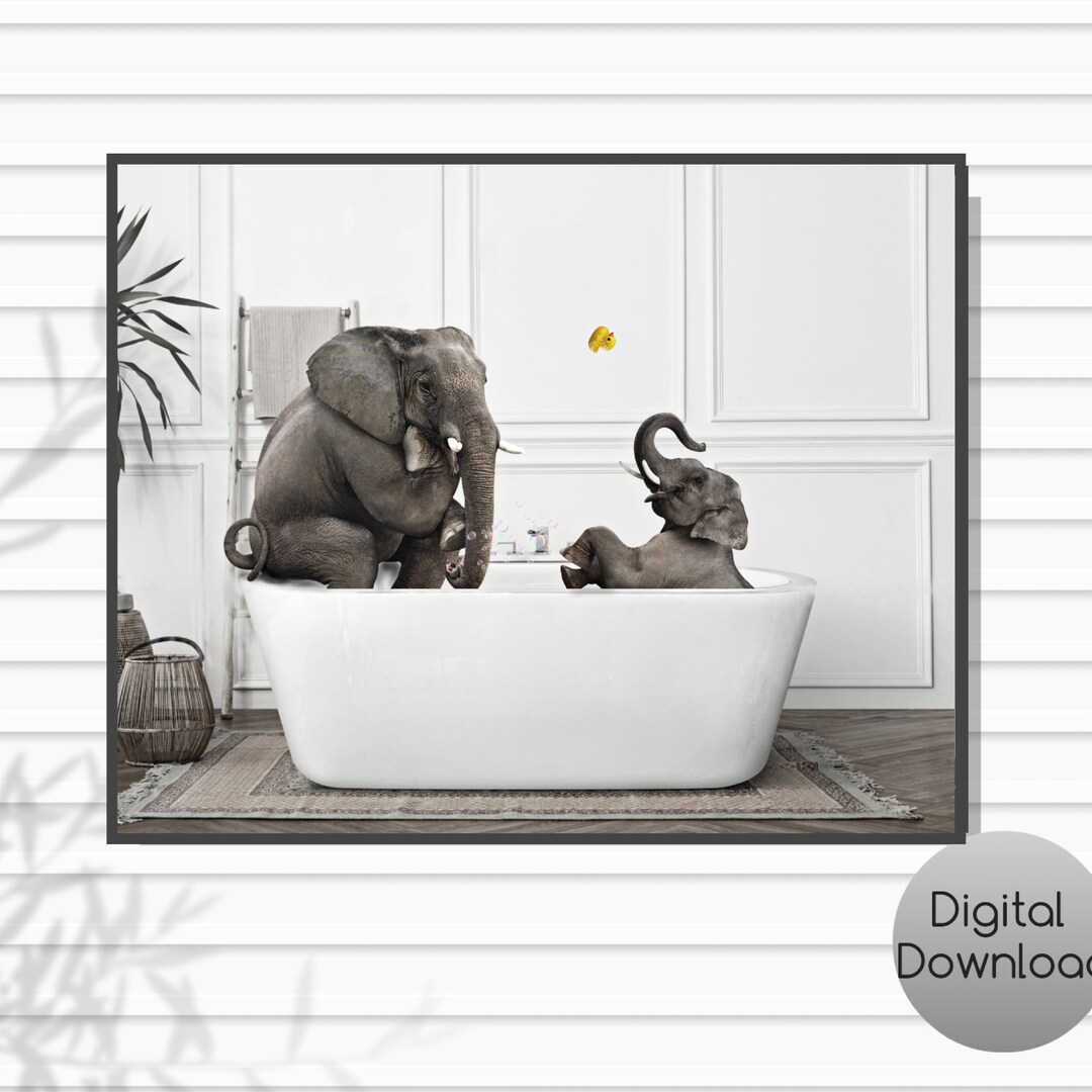 Printable Elephants in Bathtub Quirky Bathroom Wall Decor Animal