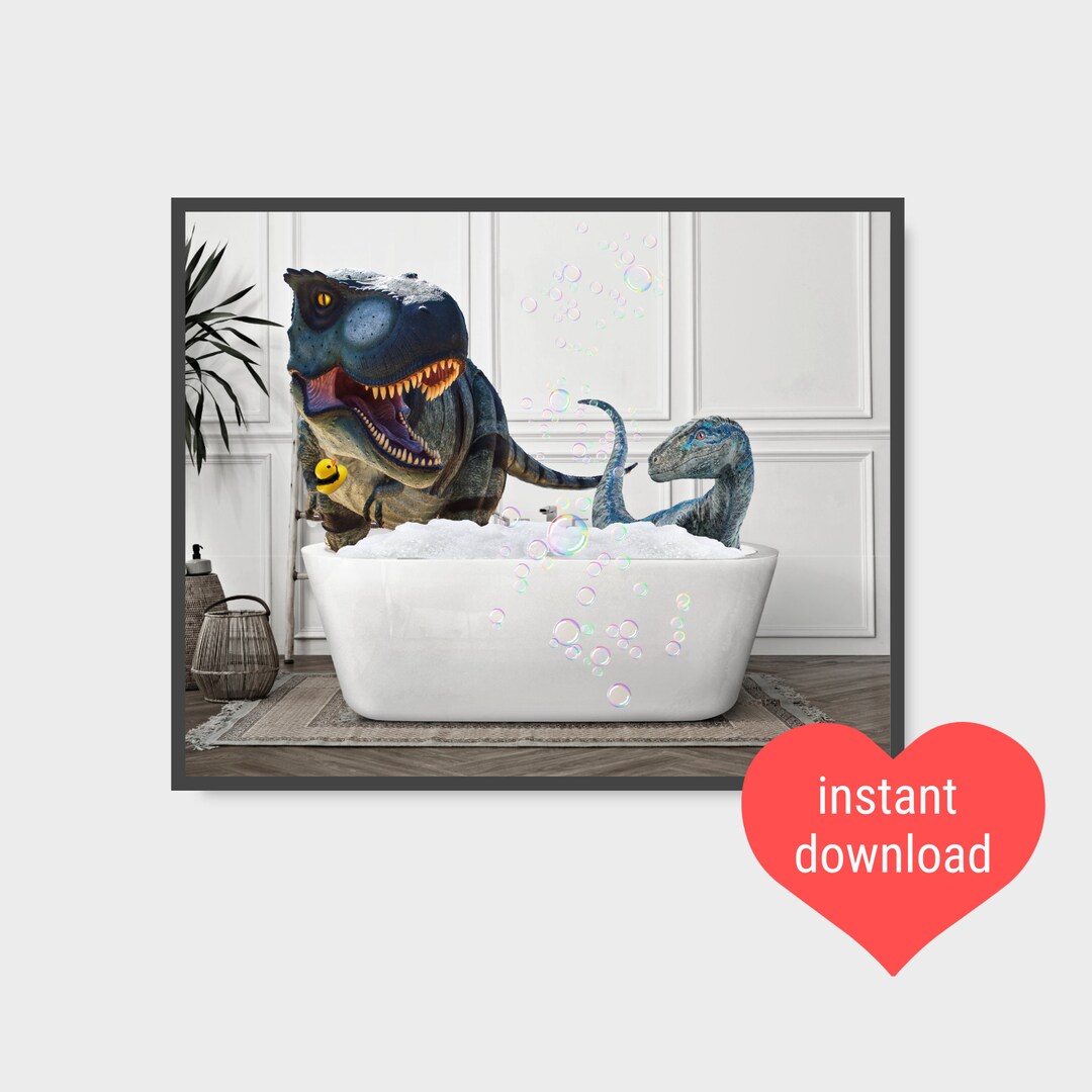 Dinosaurs in Bathtub Printable Poster Wall Art Quirky Dinosaur Etsy