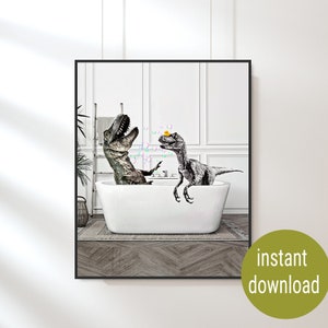 Dinosaurs in Bathtub - Quirky Bathroom Wall Art Printable | Dinosaur Gift by K9nCo | Velociraptor | Quirky Home Decor | Dinosaur Wall Deco