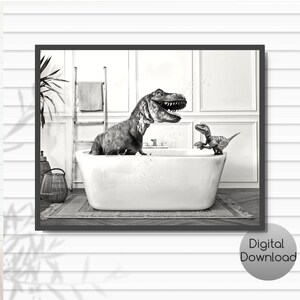 Black & White Baby Dinosaur Family in Bathtub Printable Poster Quirky Gifts Dinosaur Home Decor Dinosaur Birthday Party Gift Kids Bathroom