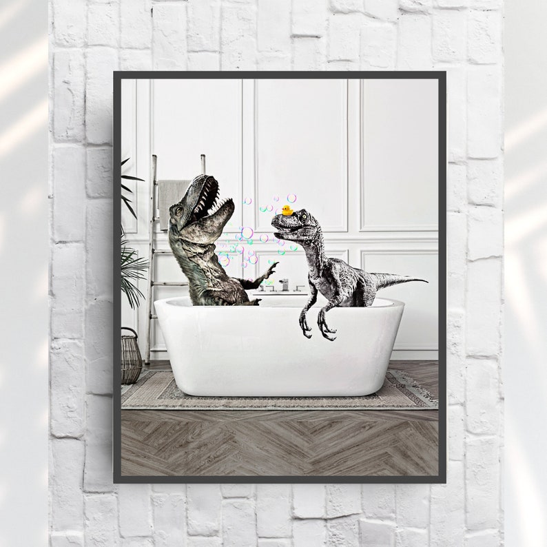 Dinosaurs in Bathtub Quirky Bathroom Digital Print Dinosaur Etsy