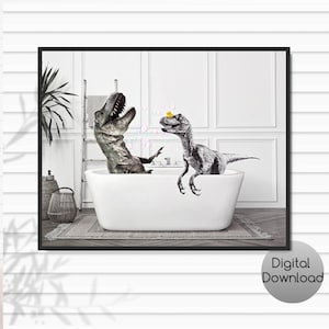 Dinosaurs in Bathtub - Quirky Bathroom Wall Decor Printable | Dinosaur Gift | Happy Gifts |  | Surreal Art | Dinosaur Wall Decor