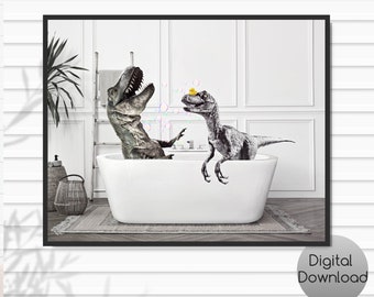 Dinosaurs in Bathtub - Quirky Bathroom Wall Decor Printable | Dinosaur Gift | Happy Gifts |  | Surreal Art | Dinosaur Wall Decor