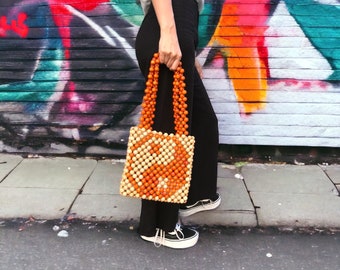 No 11 Yin-yang Bead Bag, Beaded Bag, Orange Bag, Handmade Wooden