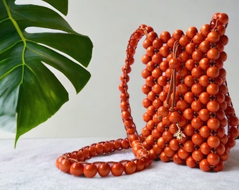 No 2 Orange Bag Mini, handmade bag, wooden bag, bead bag, luxury bag, tote bag, summer bag, wooden purse, mini bag, beaded handbag