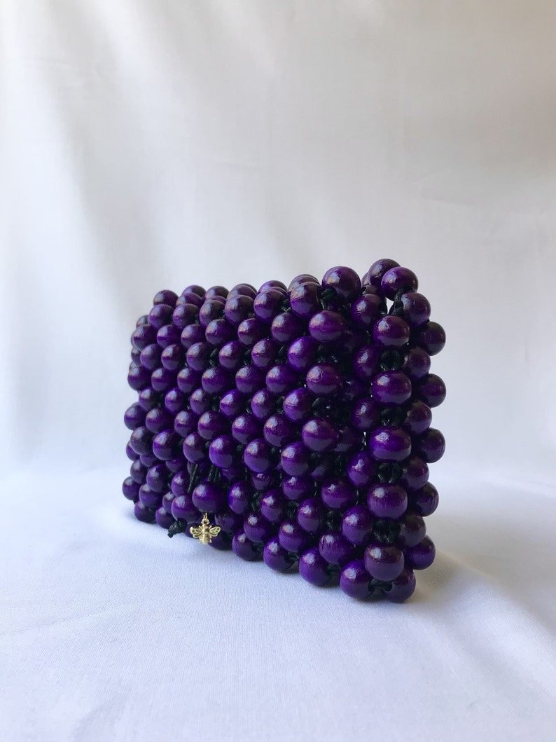 No 6 Purple Bag Small, Bead bag, Tote bag, Wooden Bag, Luxury Bag, Clutch Bag, Beaded Bag, Wooden purse, luxury handbag, handmade tote bag image 3