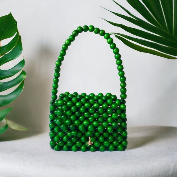 No 1 Green Bag Small, Bead bag, Tote bag, Wooden Bag, Luxury Bag, Clutch Bag, Beaded Bag, Beaded handbag, Wooden purse, luxury handbag