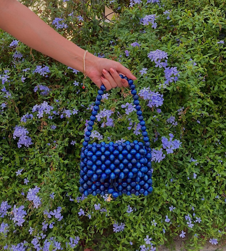 No 3 Blueberry Bag Small, Tote Bag, Wooden Bag, Luxury Bag, Handmade Bag, Beaded Handbag, beaded bag, Wooden purse, Handmade bead bag image 4