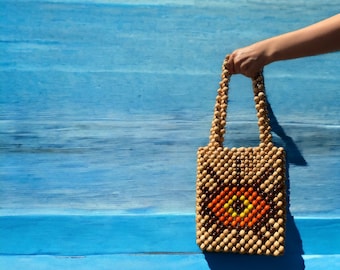 No 13 Devil eye Handcrafted wooden-bead Tote, Devil Eye Handmade Handbag, Evil eye wooden handbag, Beaded handbag for Effortless Glamour