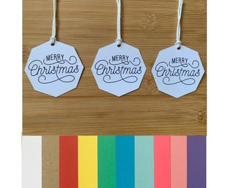 5-50 Octagon Shaped 'Merry Christmas' Recycled Card Gift Tags. White/Kraft/Red/Orange/Yellow/Green/Blue/Purple/Pink. UK Seller.