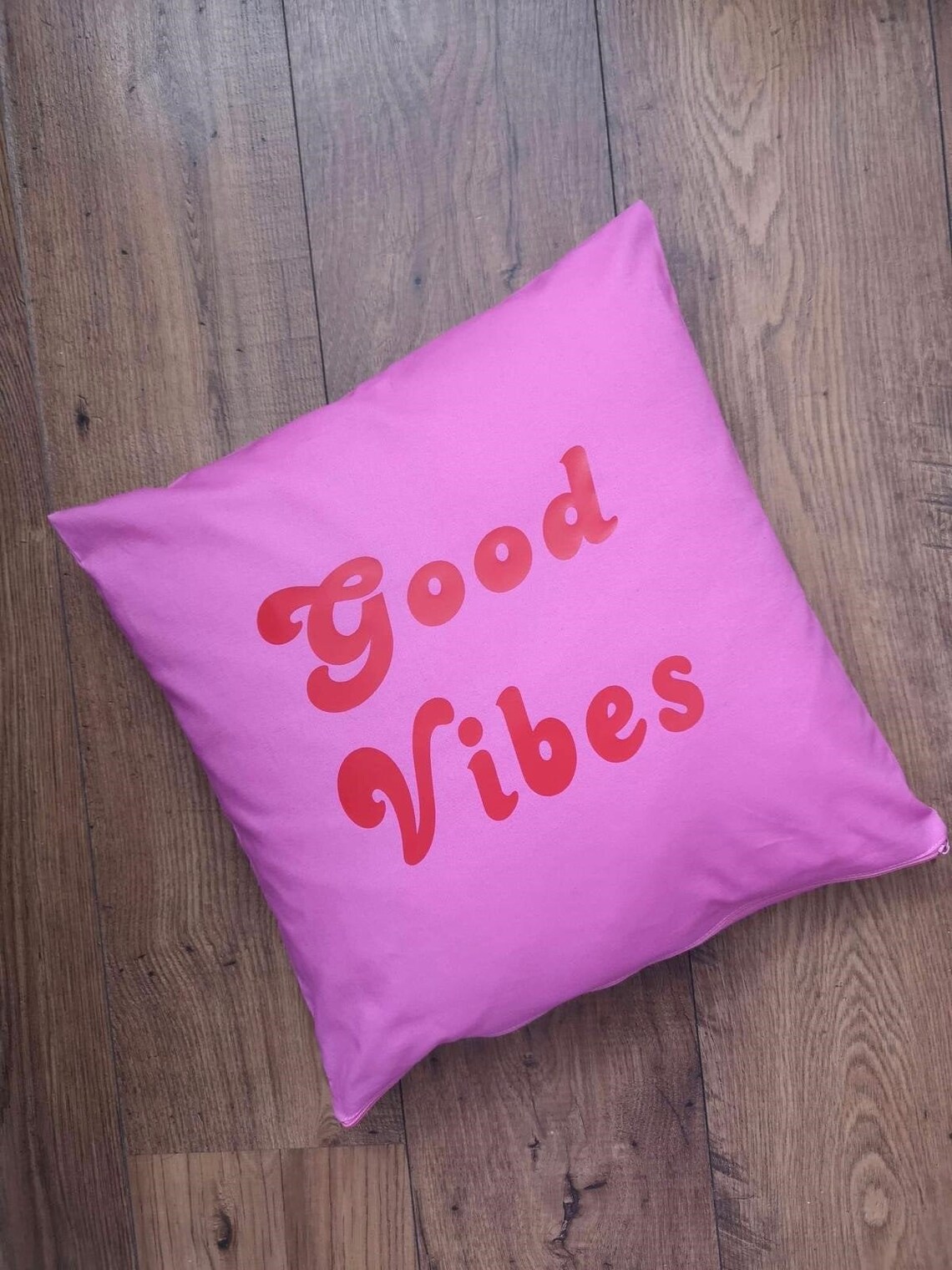 Hot pink 'Good Vibes' Cushion 40 x 40. UK seller Etsy