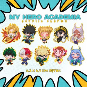 May include: A selection of acrylic charms featuring characters from "My Hero Academia." The charms display various characters with detailed designs and vibrant colours. The text "My Hero Academia acrylic charms" is at the top. The approximate size is 6.3 x 6.4 cm.