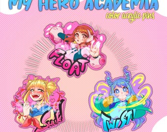 Könnte beinhalten: Drei bunte Anime-Charakter-Acryl-Pins. Der erste Pin zeigt einen pinkfarbenen und weißen Charakter mit dem Wort "FLOAT" in einer Blase. Der zweite Pin zeigt einen pinkfarbenen und gelben Charakter mit dem Wort "SHUKI" in einer Blase. Der dritte Pin zeigt einen blauen und grünen Charakter mit dem Wort "TWIST!" in einer Blase.