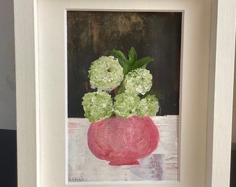 Original white hydrangeas still life painting. Hand painted floral bouquet in pink vase. Colourful Flowers oil painting Framed. One off.