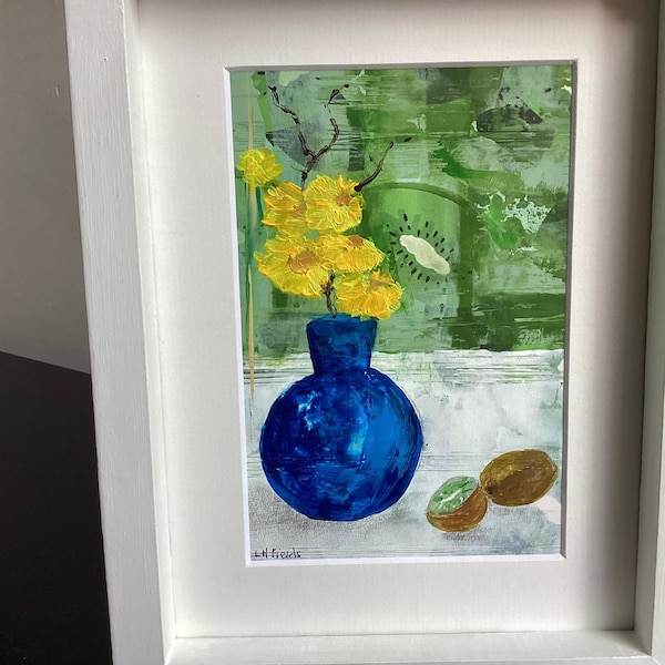 Original still life painting.Kiwi fruit yellow gerbera daisy blue glass vase. Hand painted fruit and flowers. Colourful contemporary green