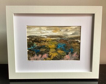 Original hand painted Derbyshire dales Peak District landscape.winter on the moors. Bracken,ferns and wild grasses. Hiking rural countryside