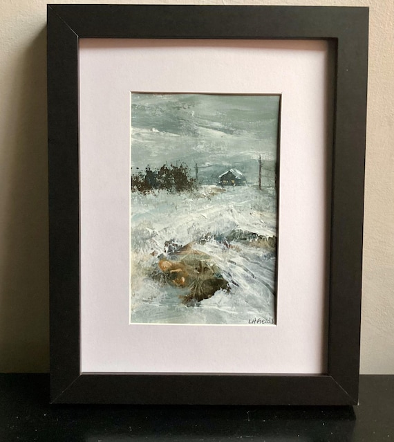 Original Yorkshire moors landscape painting. Romantic evening pub walk. Snowy night sky.  winter countryside Walk. Atmospheric countryside
