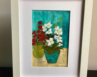 Original still life with flowers painting. Hand painted white orchid plant in a pot. Wild red flowers in a green vase. Colourful floral