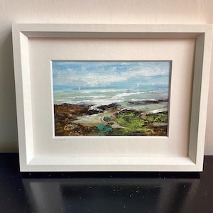 Original westcombe beach painting. South devon low tide rock pools. Devonshire seascape. Hand painted rocky coastal wall art