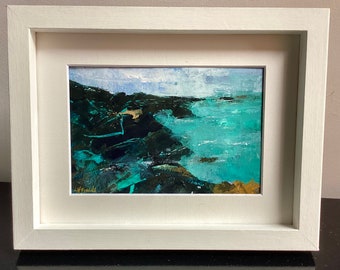 Original Scottish seascape painting. North coast of Scotland hand painted framed art. Turquoise ocean,rugged cliffs. Dramatic coast remote