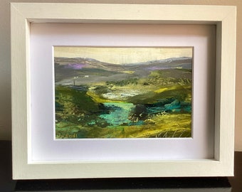 Original Yorkshire dales national park landscape painting. Hand painted Yorkshire countryside. Rural green picturesque scenery. Walk, hike