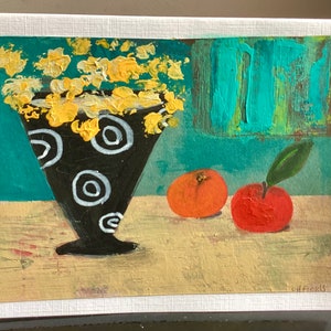 Original still life miniature painting. Satsumas apple retro vase with yellow wild flowers. Colourful fruit and floral bouquet. Turquoise