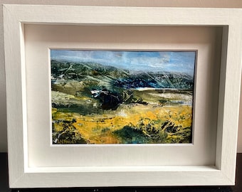 Original Exmoor landscape painting. Gorse rocks moorland. Hand painted south Devon countryside framed art. Atmospheric rural walk. Idyllic