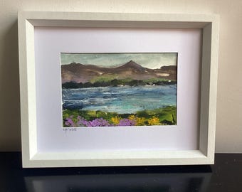 Original Isle of Arran landscape painting. Hand painted goafell Celtic hiking trail. Unique Scottish climbing challenge. Firth of Clyde art