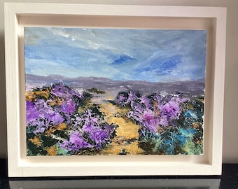 Original Derbyshire landscape painting. Wild Heather on the moor in baslow, Peak District. Picturesque rural countryside colourful unique