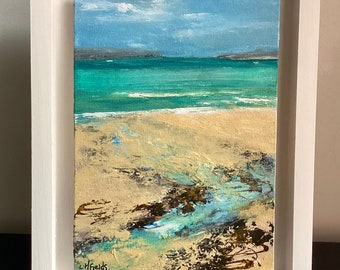 Original Isle of Harris seascape painting. Outer Hebrides beach art. Tranquil turquoise Scottish coastal scenery. Canvas framed serene ocean