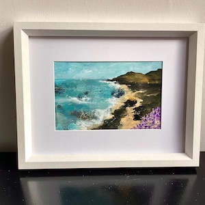 Original porthchapel seascape painting. South west coastal path Cornwall. Hand painted Cornish cliff walking trail