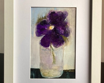 original still life flower painting. Deep Purple Pansy in a glass vase. Delicate cut flower in a jar. Original floral framed. Feminine flora