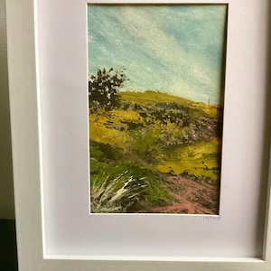 Hand painted Yorkshire dales landscape. Gorse plants on the rocks. Walking on the moors, hill and fields. Quiet colourful hiking countryside