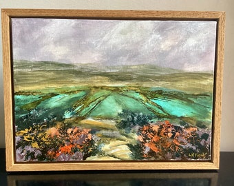 Dartmoor landscape painting. Hand painted south Devon countryside. Colourful unique art on canvas. Hills grasses wild flowers rocks. Canvas