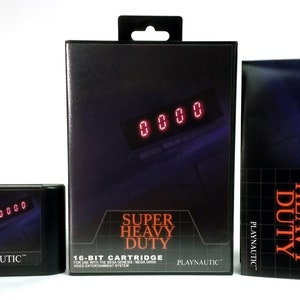 May include: A black Sega Genesis game cartridge with a red digital display that reads "0000" and the text "PLAYNAUTIC" on the front. The game cartridge is packaged in a black box with the text "SUPER HEAVY DUTY 16-BIT CARTRIDGE" and "PLAYNAUTIC" on the front. The game cartridge is also packaged with a black instruction manual with the text "SUPER HEAVY DUTY" and "PLAYNAUTIC" on the front.