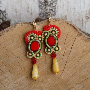 Red soutache earrings, embroidered earrings, long dangle earrings with drop crystals, handmade jewelry, gift for her