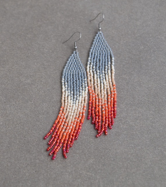Handmade Beaded Earrings: Red Ombre Seed Bead Native Jewelry