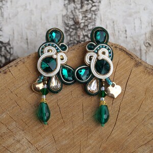 Emerald green soutache earrings with crystals, handmade jewelry, birthday gift for wife