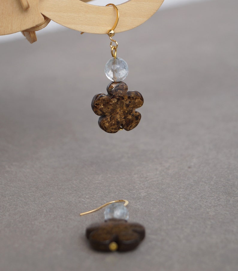 Bronzite and quartz dangle earrings,bronzite flower earrings for woman,bronzite jewellery,bown gemstone earrings boho jewelry,gifts for her