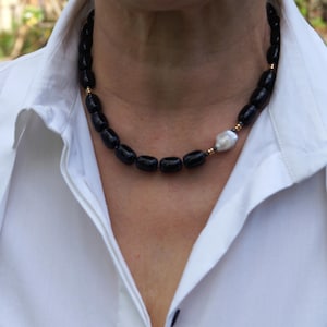 Handmade Black Onyx & Baroque Pearl Beaded Necklace