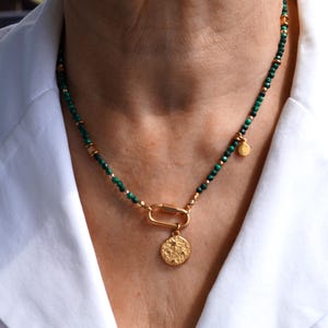 Malachite necklace with coin, handmade jewelry, exclusive jewelry, gifts for her,malachite jewelry, beaded necklaces for women, gift for mom