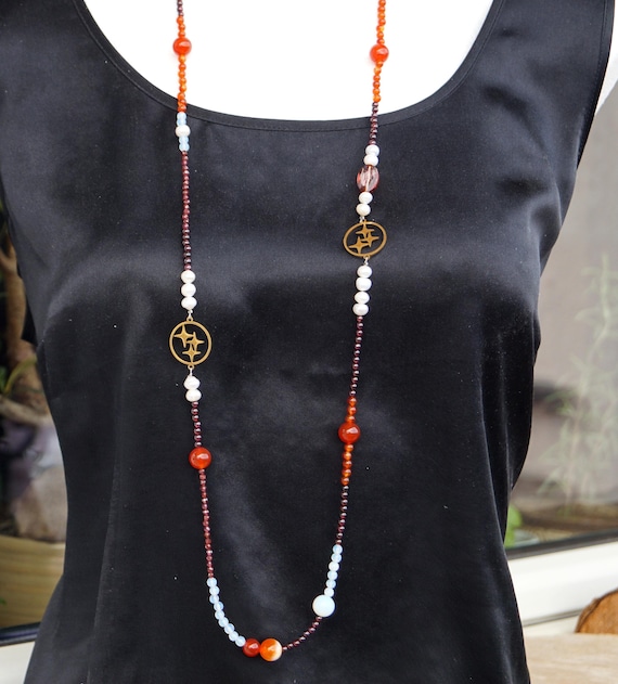 Collier De Perles De Verre Rouge Style Agate/cornaline - Longueur 22 Pouces - Vintage Fait Main