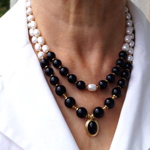 Handmade Pearl and Onyx Layered Necklace: 22K Gold Plated